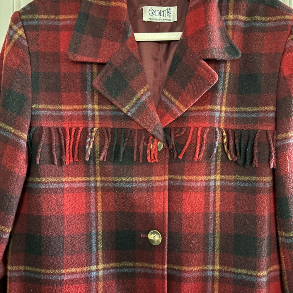 l Red Plaid Pea Coat With  Fringe Acrylic Wool soft by Elements Spiegel Christma